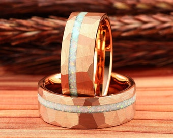 Mens Wedding Ring, White Fire Opal Ring, Hammered Rose Gold Tungsten Ring, Mens Wedding Band, Mens Ring, Ring for Men, 8mm Comfort Fit