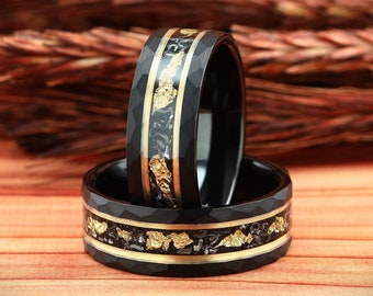 Hammered Gold Leaf and Meteorite Mens Ring, Black Hammered Mens Wedding Ring, Hammered Brushed Tungsten Mens Band, Men Ring, Comfort Fit 8mm
