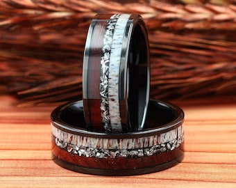 Deer Antler, Meteorite Ring & Ironwood Black Tungsten Mens Wedding Ring, Mens Ring, Mens Wedding Band, Mens Ring, Comfort Fit 8mm
