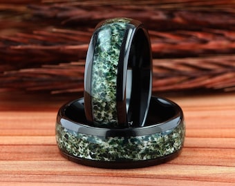 Mens Wedding Ring, Black Tungsten Ring Moss Agate, 8mm Mens Wedding Band, Natural Eco-Friendly Moss Agate Black Mens Ring, Comfort Fit