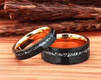 Meteorite Black Tungsten Ring, Couples Wedding Band, Women Wedding Ring, Mens Wedding Ring, Hammered Black Ring, Comfort Fit 8mm | 5mm