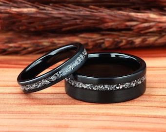Meteorite Black Tungsten Ring, Couples Wedding Band, Women Wedding Ring, Mens Wedding Ring, Brushed-Matte Black Ring, Comfort Fit 8mm | 4mm