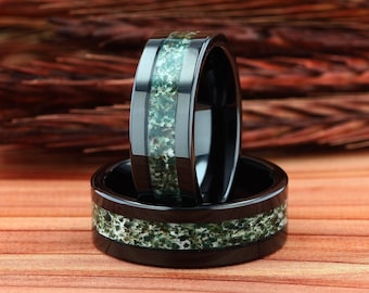 Mens Wedding Ring, Black Tungsten Ring Moss Agate 8mm, Mens Wedding Band, Natural Eco-Friendly Moss Agate Black Mens Ring