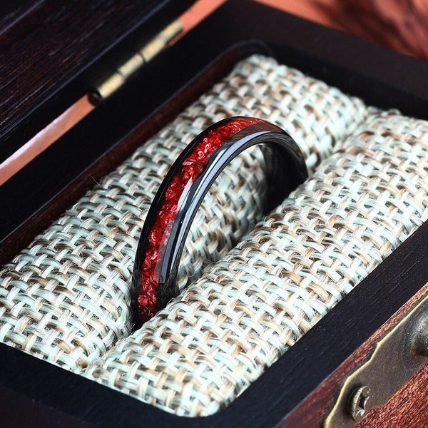 Womens Wedding Ring, Black Tungsten Ring, Crushed Red German Glass Stone Ring, Womens Wedding Band, Ring For Her, Dome, 4mm Comfort Fit