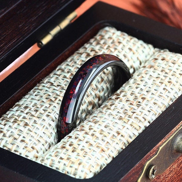 Crushed Black Fire Opal, Black Tungsten Ring, Womens Wedding Ring, Womens Opal Ring, Womens Wedding Band, Ring For Her, 4mm Comfort Fit