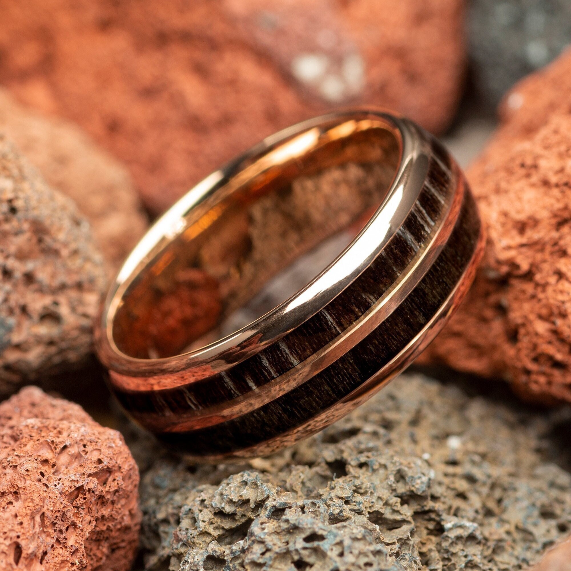 Ancient Bog Wood Rose Gold Mens Wedding Ring Rose Gold Dome