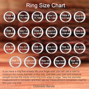 May include: Ring size chart with a white background and a brown wooden texture. The chart shows different ring sizes with corresponding measurements in millimetres. The chart is labelled "Ring Size Chart".