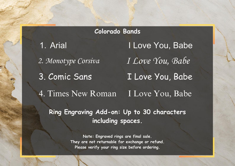 Pu&ograve; includere: Un elenco di quattro diversi font per l'incisione degli anelli, con la frase "I Love You, Babe" scritta in ogni font. Il testo sotto l'elenco indica che l'aggiunta di incisione consente fino a 30 caratteri, inclusi gli spazi. Il testo in fondo all'immagine indica che gli anelli incisi sono in vendita definitiva e non sono restituibili per cambio o rimborso. Indica anche di verificare la misura del tuo anello prima di ordinare.