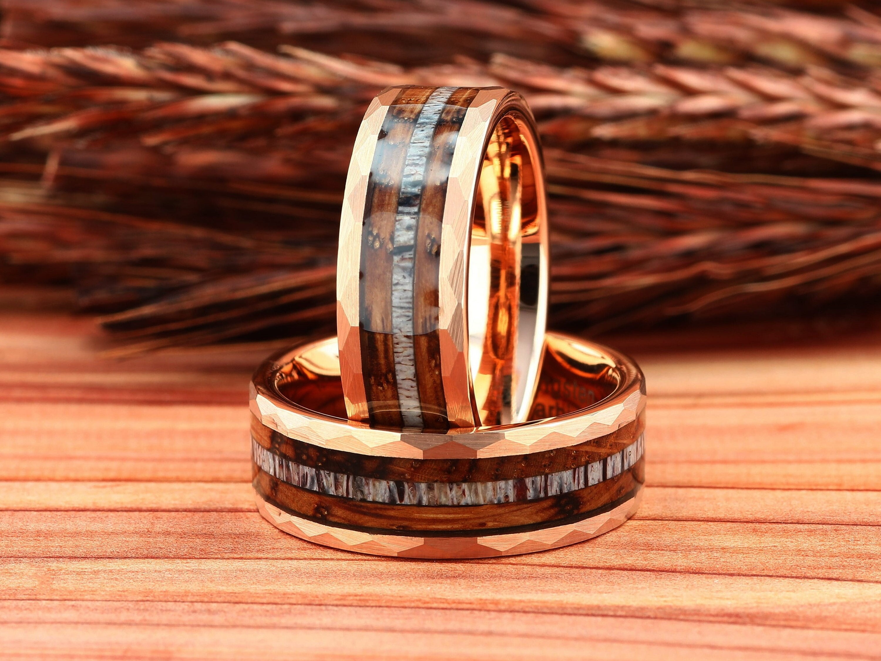 Deer Antler & Charred Whiskey Barrel Wood Mens Wedding Ring Rose Gold Hammered Tungsten, Mens Wedding Band, Antler Mens Ring, Wood Mens Ring