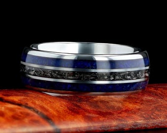 Meteorite Mens Wedding Ring with Lapis Lazuli, Silver Tungsten Meteorite Mens Wedding Band, Lapis Gift for Him, Mens Ring 8mm Anniversary