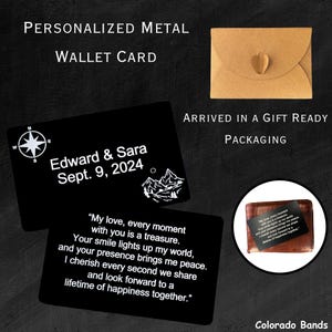 May include: Black personalized metal wallet card with white text. The card includes a compass rose, mountain graphic, and the names "Edward & Sara" with a date. The card is shown with gift-ready packaging.