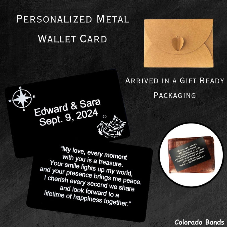 May include: Black personalized metal wallet card with white text. The card includes a compass rose, mountain graphic, and the names "Edward & Sara" with a date. The card is shown with gift-ready packaging.