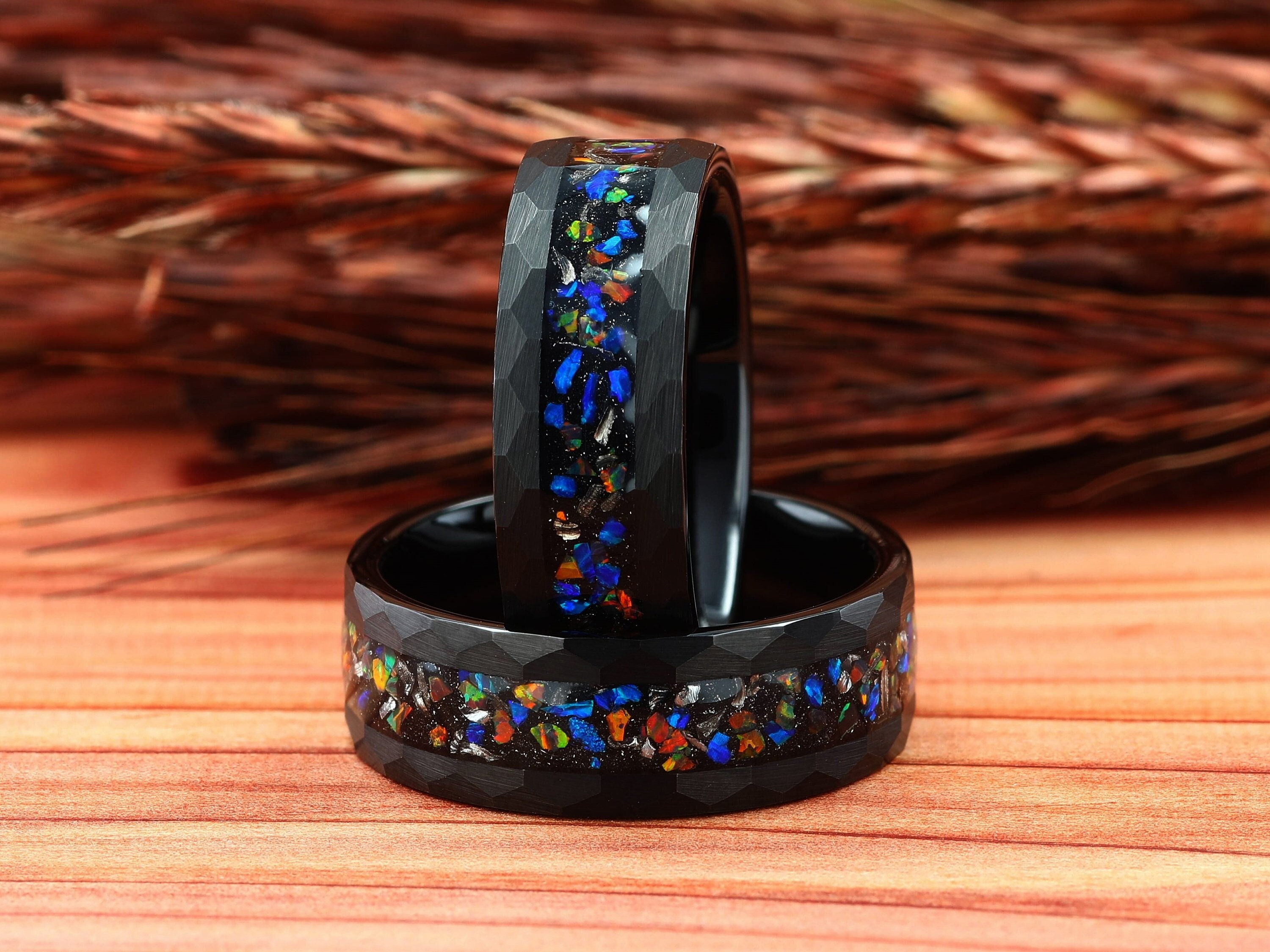 Meteorite Galaxy Opal Hammered Black Tungsten Mens Ring, Mens