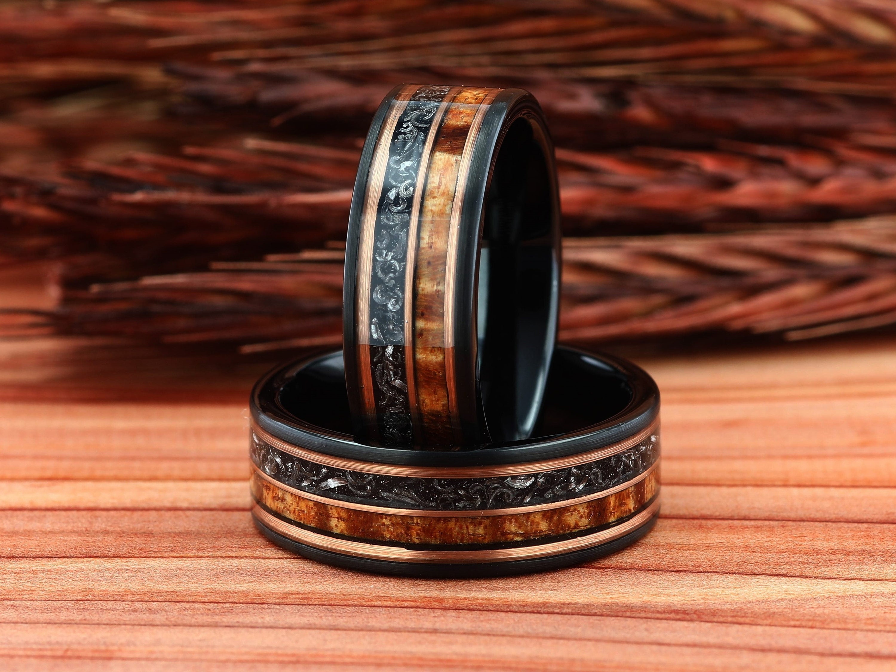 Men's Black Tungsten Wedding Band With Meteorite & Wood Inlay - 8mm Comfort Fit, Sizes 6-13, Brushed Finish - View #2
