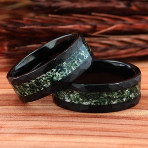 Green Moss Agate Ring, Black Hammered Tungsten Ring, Mens Wedding Ring, Mens Wedding Band, Agate Ring 8mm Gift for Him, Black Tungsten Ring image 2