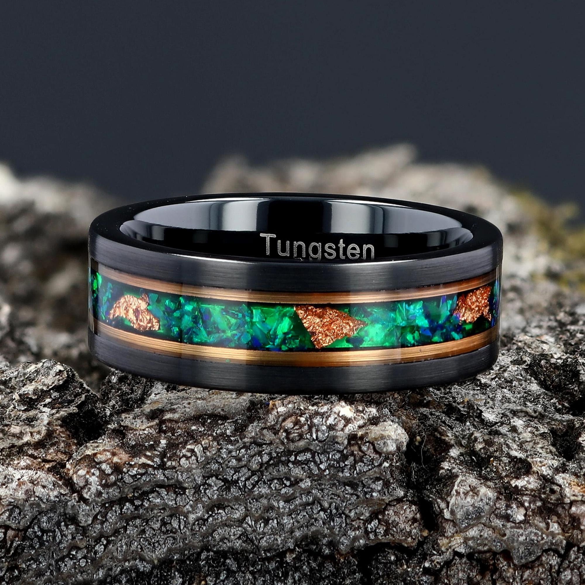 Opal Mens Wedding Band Black Tungsten Rose Gold Strips & Leaf
