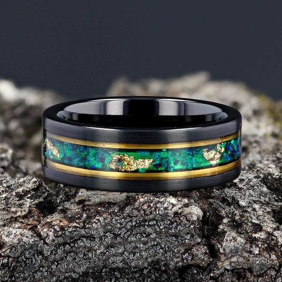 Opal Mens Wedding Ring Black Tungsten Yellow Gold Strips Leaf
