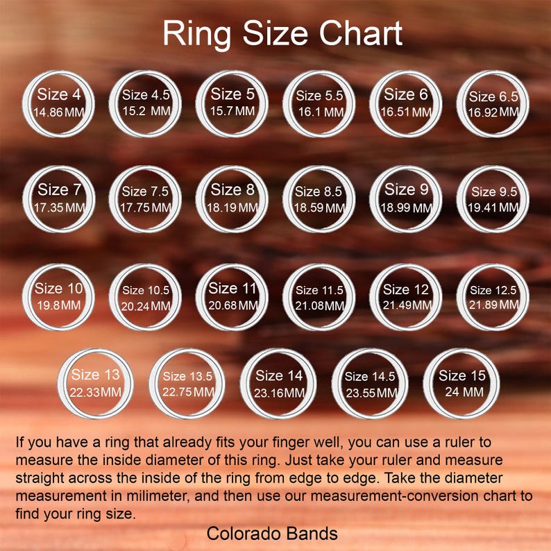 May include: Ring size chart with sizes 4 to 15, displaying millimeter measurements. Includes text on how to measure ring size using a ruler. The chart is from Colorado Bands.