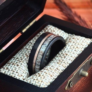 Deer Antler Black Brushed & Rose Gold Stripe Ring, Mens Wedding Ring, Black Tungsten Ring, Mens Wedding Band, Comfort Fit 8mm image 3