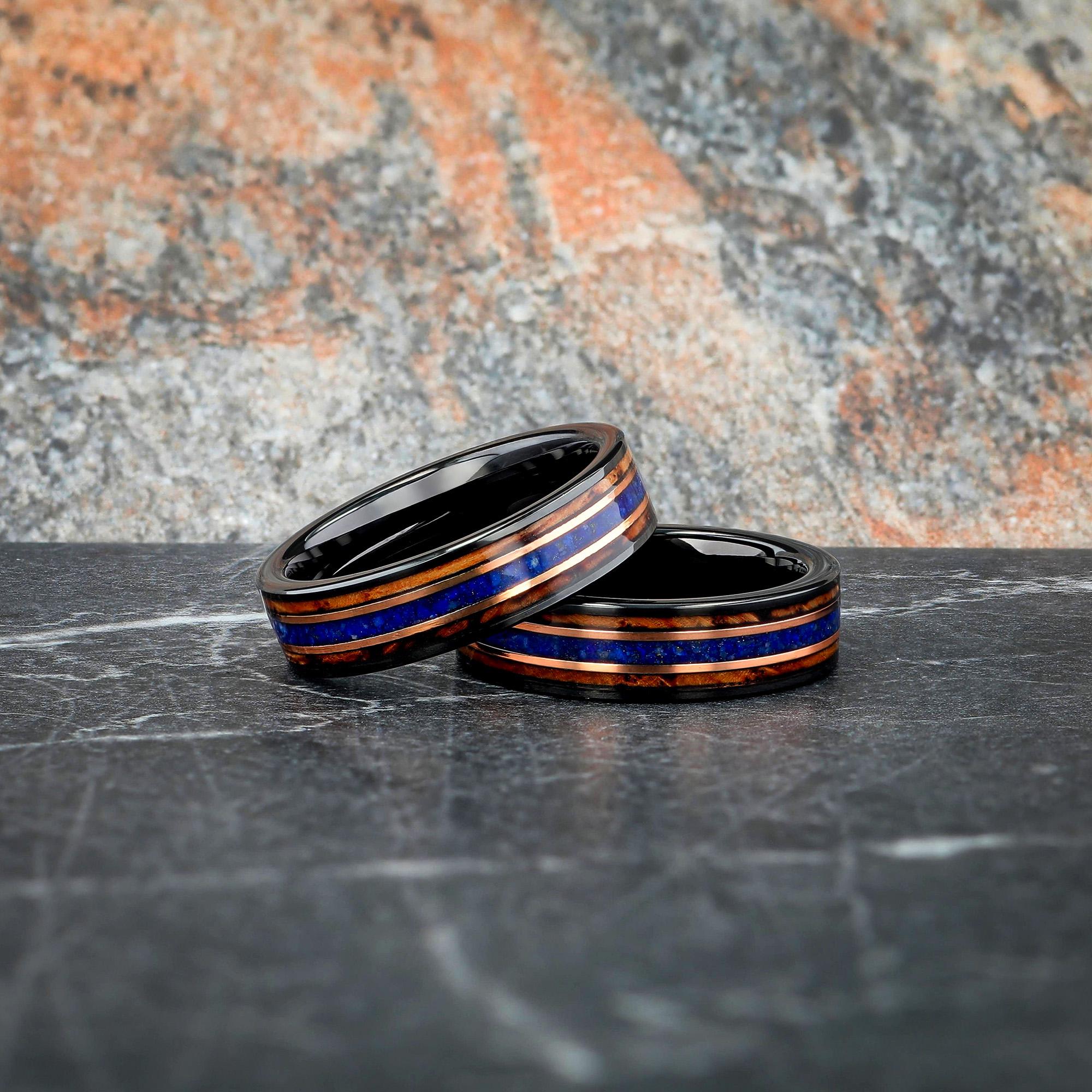 Matching Barrel Rings 6mm Charred Whiskey Barrel Ring With Lapis Lazuli - Black Tungsten Men ...
