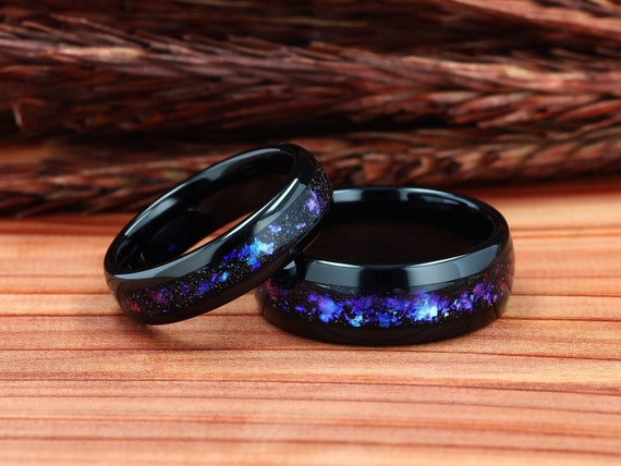 Nebula Ring, Black Tungsten Ring, Couples Wedding Band, Womens Wedding Ring, Mens Wedding Ring, Comfort Fit 8mm | 6mm