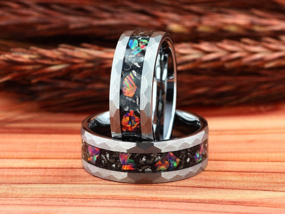 Meteorite Galaxy Opal Hammered Silver Tungsten Mens Wedding Ring