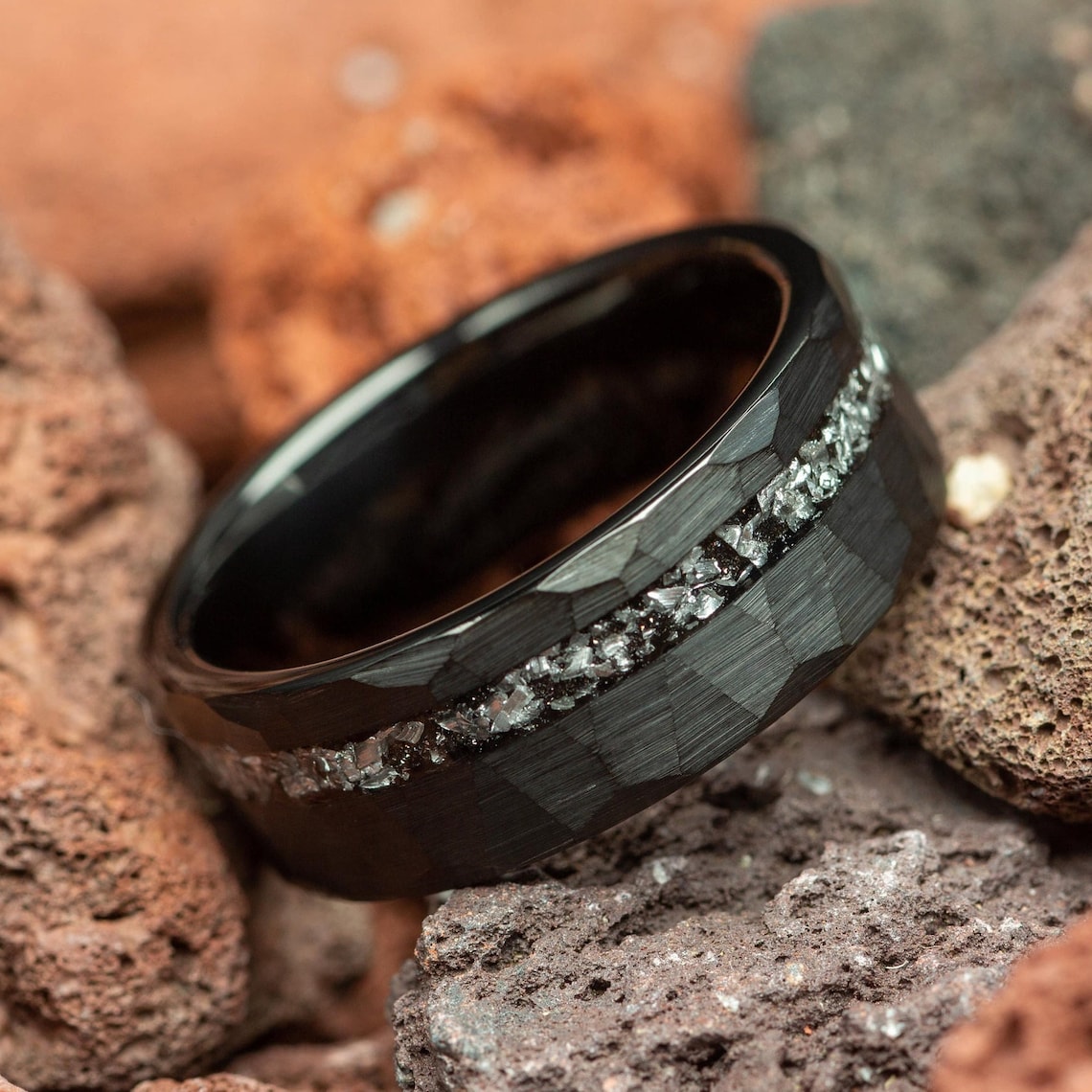 Meteorite Mens Wedding Ring Black Hammered Tungsten Mens image 1