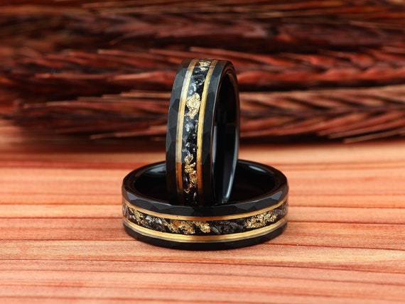 Meteorite & Gold Leaf Hammered Tungsten Womens Ring, Black Wedding Ring, Hammered Brushed Tungsten Women / Men Band, Comfort Fit 6mm