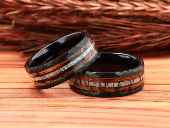 Deer Antler Charred Whiskey Barrel Wood Mens Wedding Ring Black