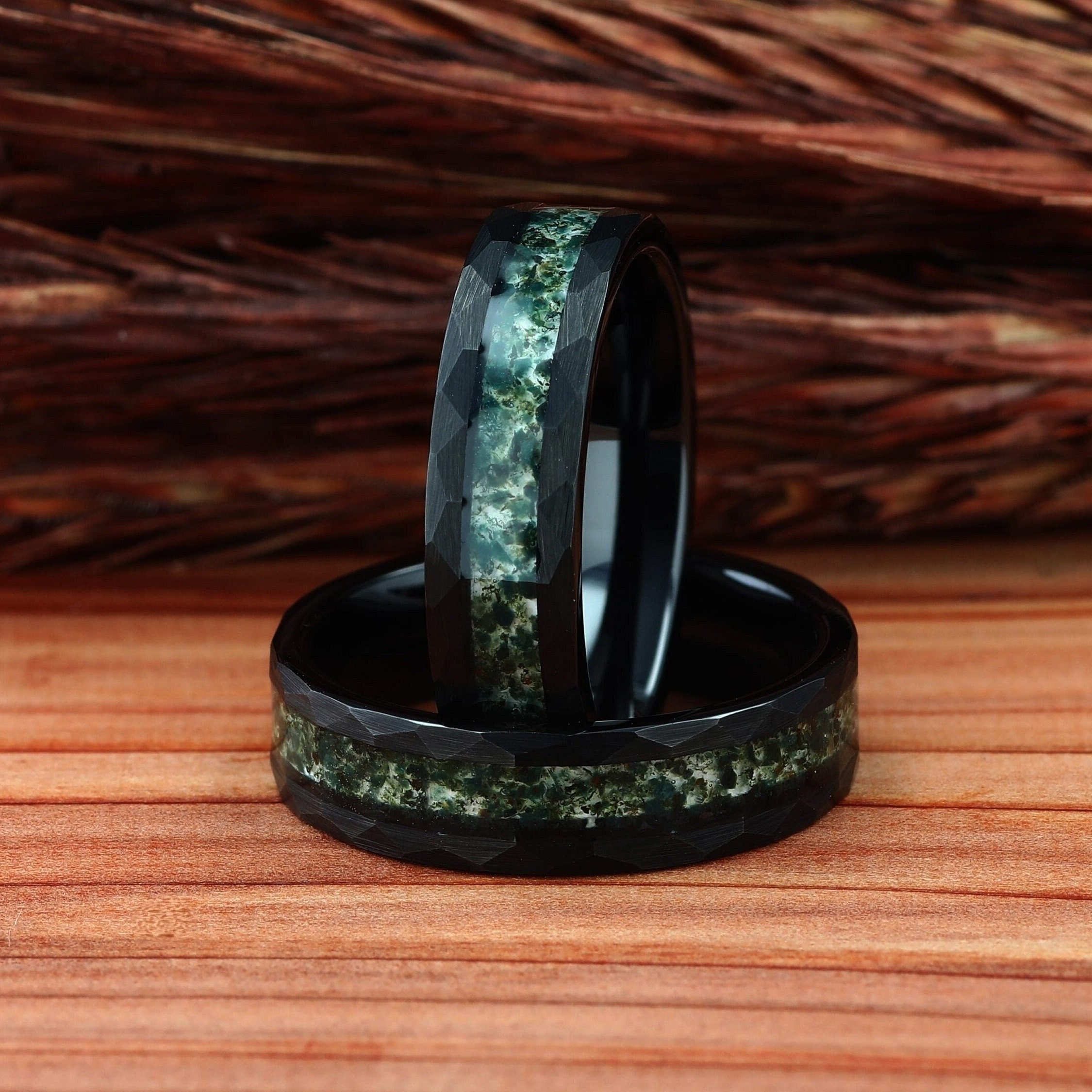 Mens Wedding Ring, Hammered Black Tungsten Ring Moss Agate, 6mm Mens Wedding Band, Natural Eco-Friendly Moss Agate Black Mens Ring
