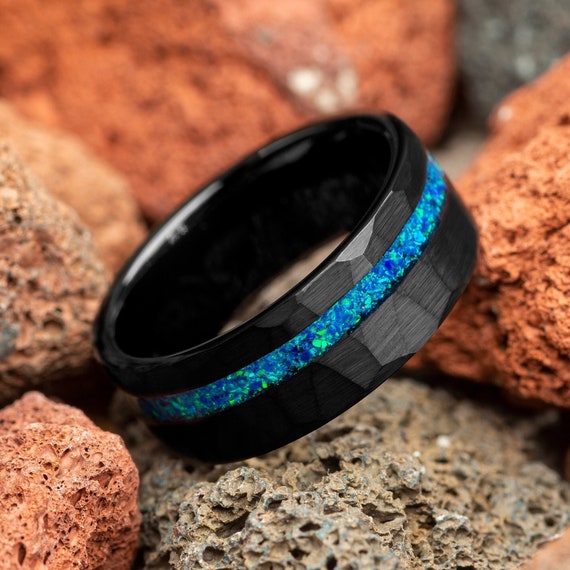 Crushed Green Blue Opal Hammered Black Tungsten Mens Ring Mens