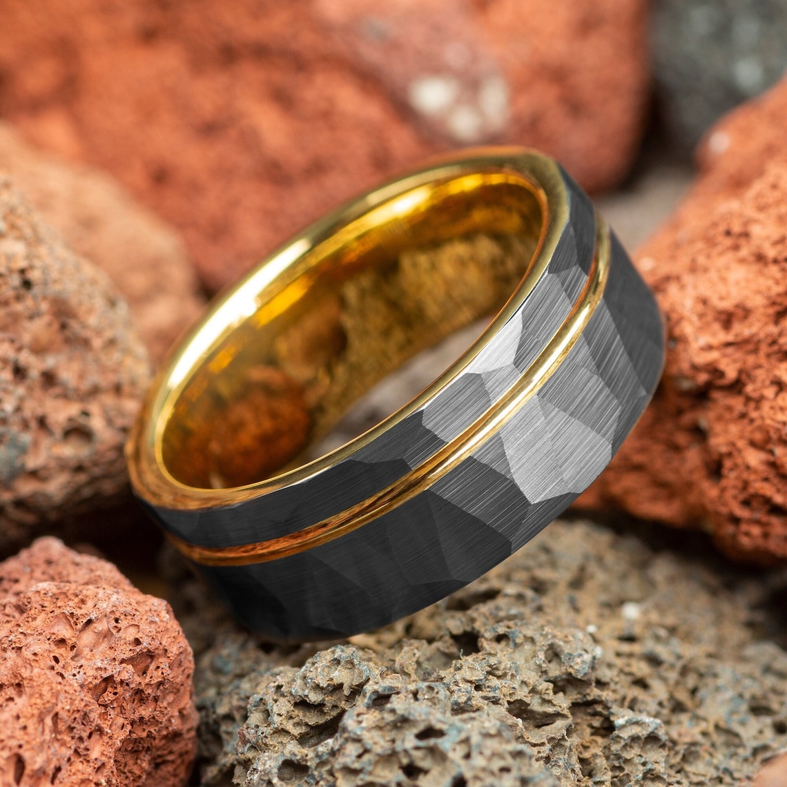 Black Hammered Mens Wedding Ring Yellow Gold Strip Hammered image 1