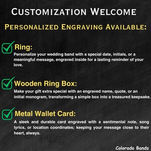 May include: Image promoting personalized engraving services. Text reads "CUSTOMIZATION WELCOME" and "PERSONALIZED ENGRAVING AVAILABLE:" with options for rings, wooden ring boxes, and metal wallet cards. The text describes engraving options for each item.