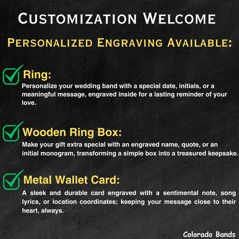 May include: Image promoting personalized engraving services. Text reads "CUSTOMIZATION WELCOME" and "PERSONALIZED ENGRAVING AVAILABLE:" with options for rings, wooden ring boxes, and metal wallet cards. The text describes engraving options for each item.