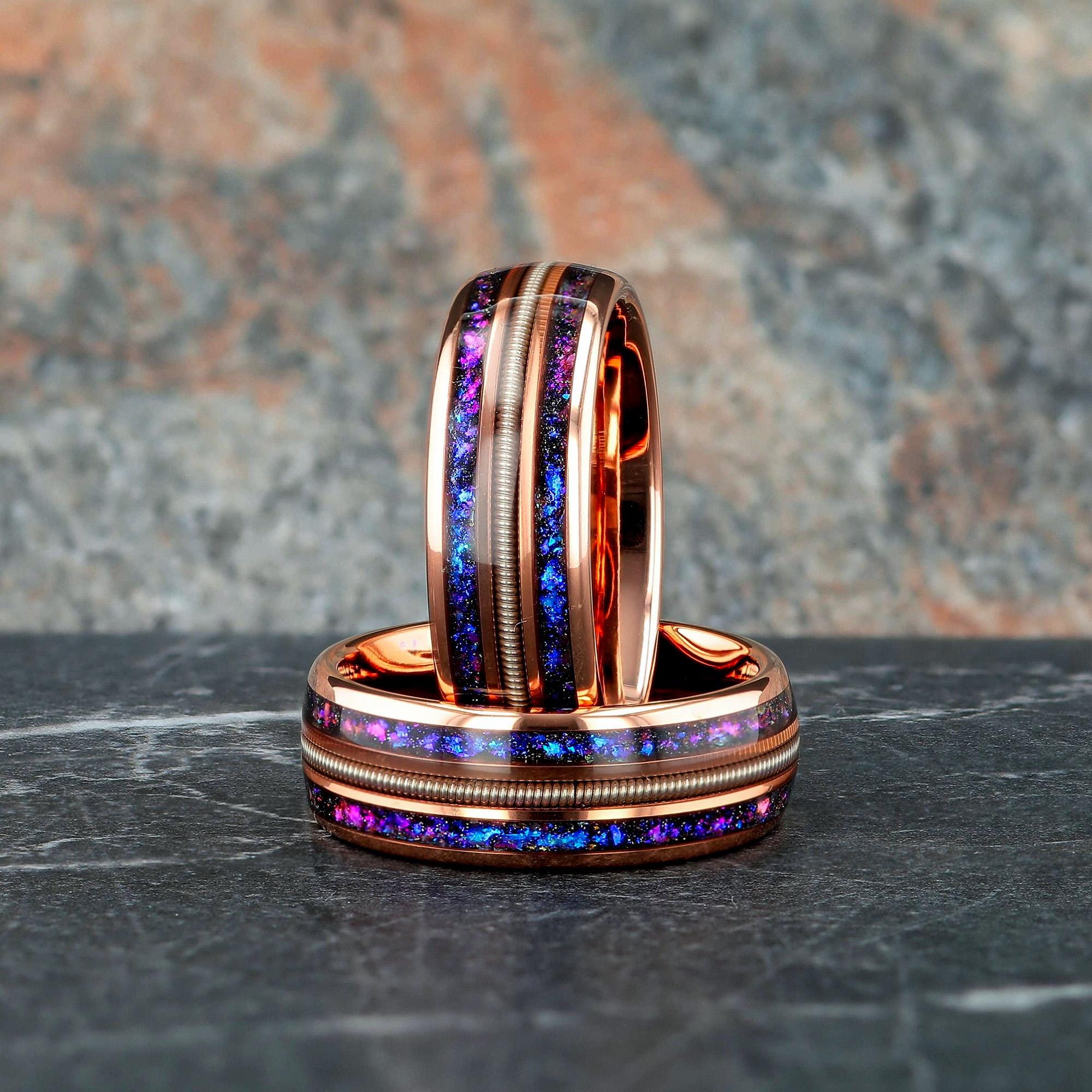 Space Galaxy Mens Wedding Ring, Guitar String Rose Gold Tungsten ...