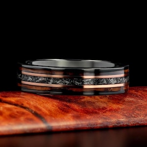 Charred Whiskey Barrel Ring with Meteorite, Meteorite Wood Ring, Whiskey Barrel Band, Meteor Black Tungsten Mens Wedding Band, Mens Ring 6mm