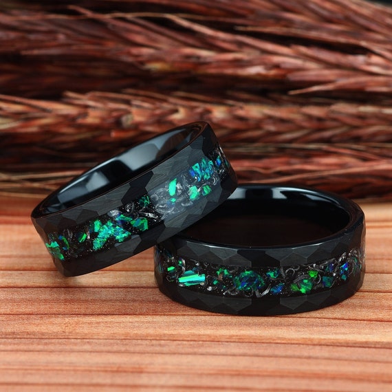 Meteorite Galaxy Opal Hammered Black Tungsten Mens Ring, Mens Wedding  Ring, Mens Wedding Band, Opal Ring, Ring for Men, 8mm Comfort Fit