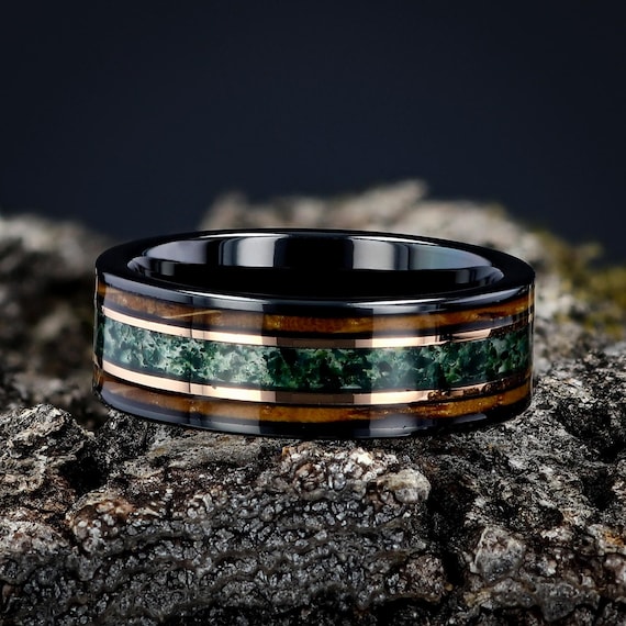 Charred Whiskey Barrel Ring With Moss Agate, Agate Wood Ring