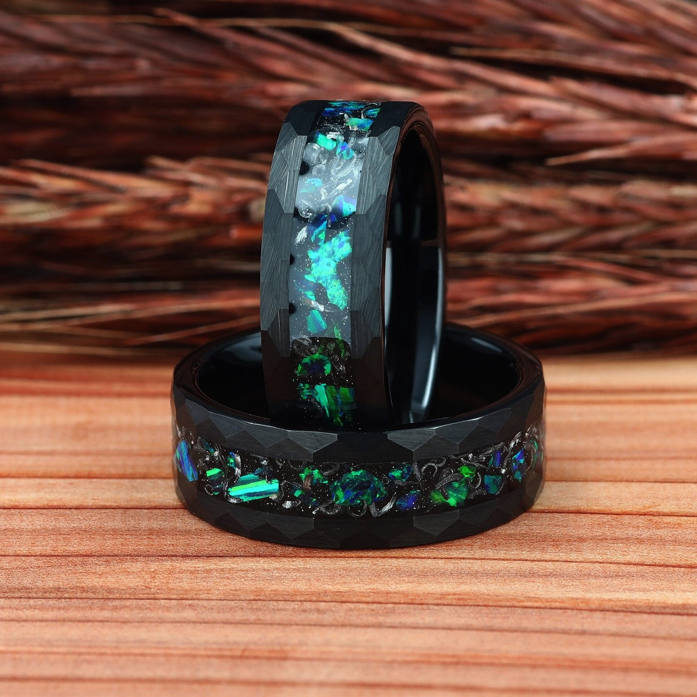 Meteorite & Galaxy Opal Hammered Black Tungsten Mens Ring, Mens Wedding Ring, Mens Wedding Band, Opal Ring, Ring for Men, 8mm Comfort Fit