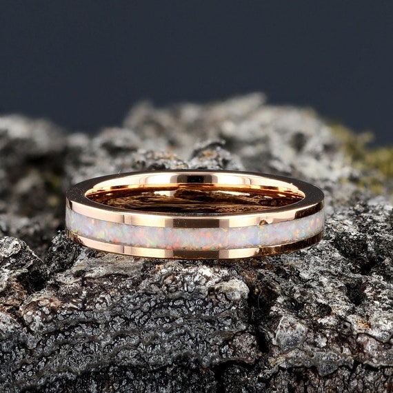 Opal Womens Wedding Band, Rose Gold Tungsten Wedding Ring, White