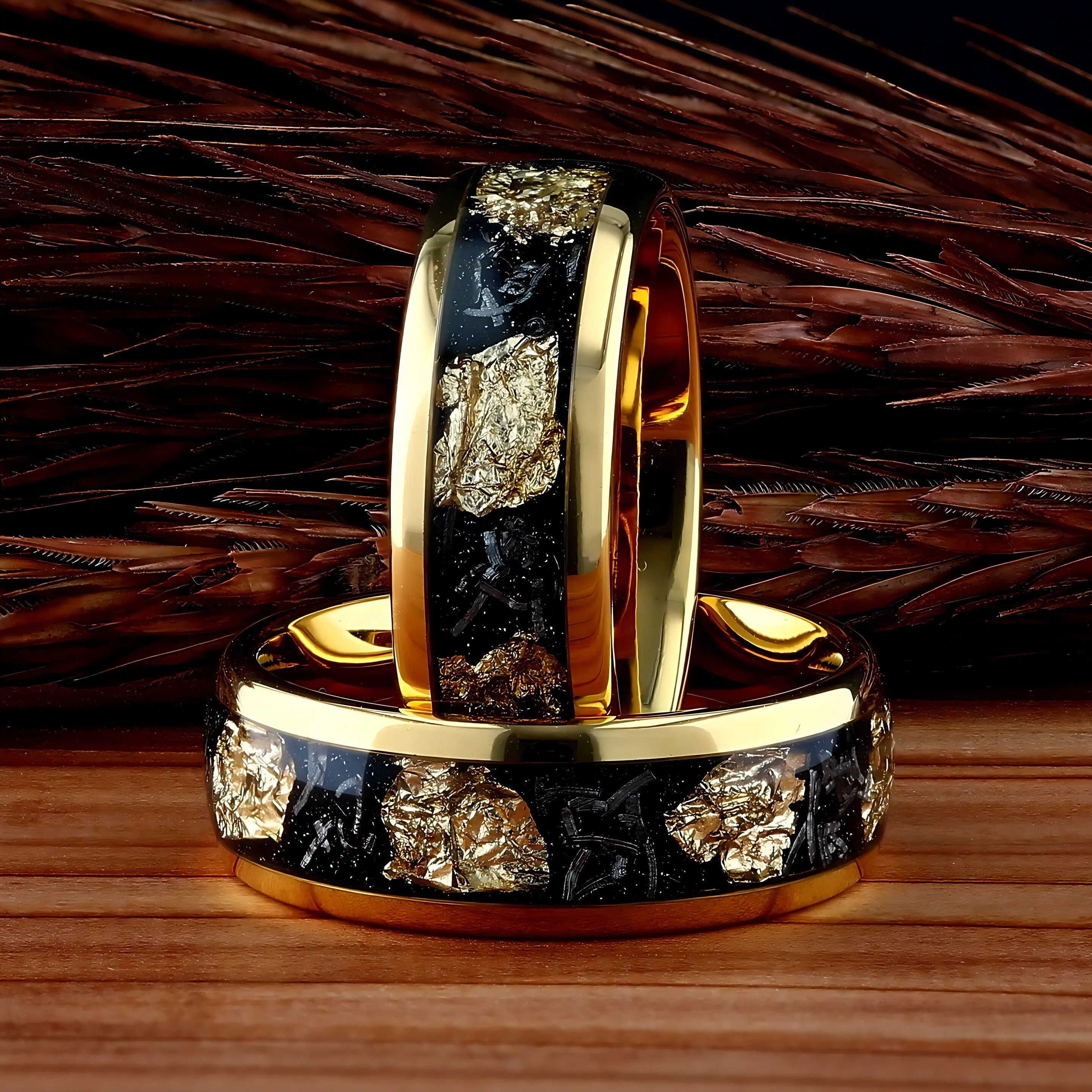Gold Leaf Meteorite Ring, Wedding Gold Foil Meteorite Ring, Meteorite Foil Leaf Mens Wedding Band, Mens Wedding Rings Gold Accent 8mm