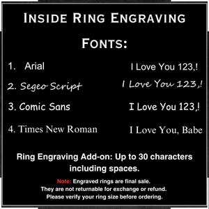 May include: Black graphic with text detailing ring engraving fonts: Arial, Segeo Script, Comic Sans, and Times New Roman. Each font displays a sample phrase. Includes information about character limits and final sale details.