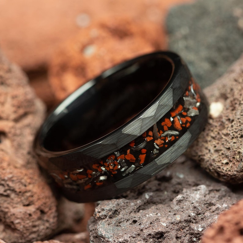 Dinosaur Bone and Meteorite Ring Mens Wedding Ring Hammered - Etsy