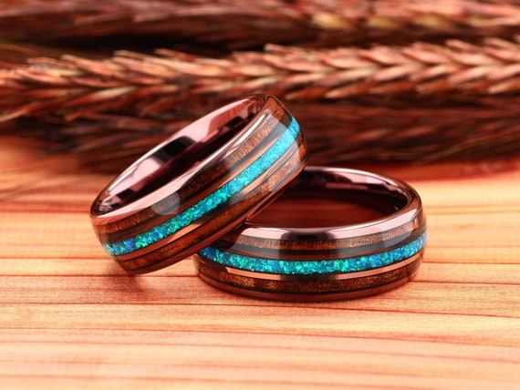 Opal Hawaiian Koa Wood Mens Wedding Ring Coffee Tungsten, Opal
