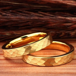 Hammered Gold Wedding Ring, 18K Gold Tungsten Wedding Band, Womens Engagement Ring, Hammered Gold Tungsten Ring, Womens Wedding Band Gold