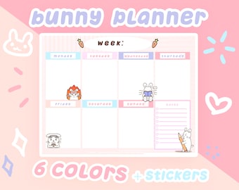 May include: A pink and blue weekly planner with a bunny theme. The planner has sections for each day of the week, a notes section, and a space for the week number. The planner has cute bunny illustrations and carrot graphics.