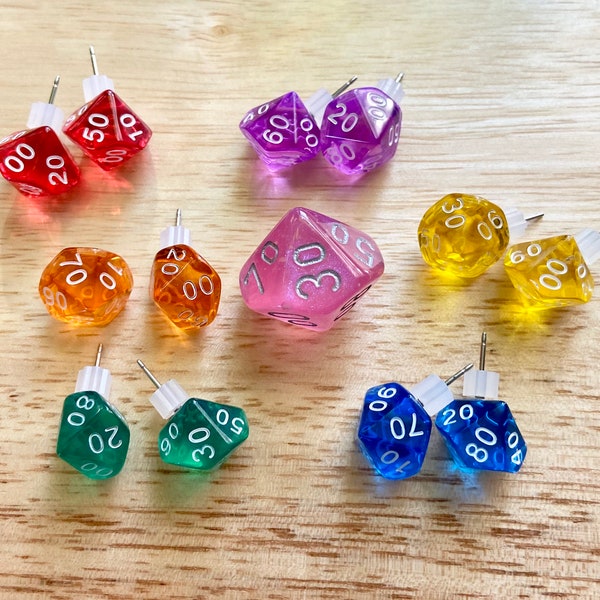Mini D10 & D100 Stud Earrings, Polyhedral Dice Jewelry, Tiny Tabletop Roleplaying Game Accessories, TTRPG, Rainbow Colors, Stainless Steel