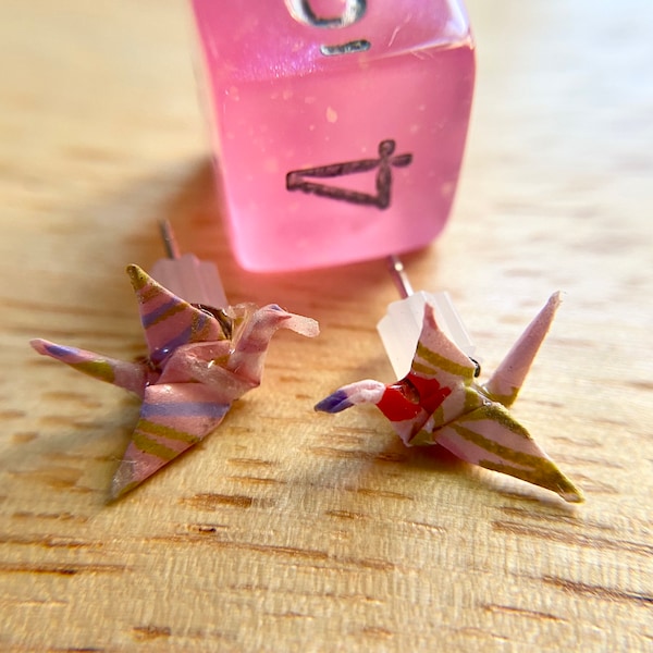 Tiny Pink Origami Stud Earrings, Mini Paper Crane Jewelry, Hypoallergenic Stainless Steel, Cute Valentine Gift for Her