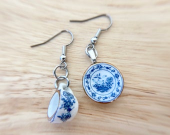 Miniature Tea Set Dangle Earrings, Blue Floral, Stainless Steel