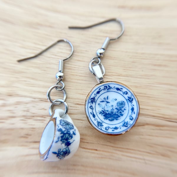 Miniature Tea Set Dangle Earrings, Blue Floral, Stainless Steel